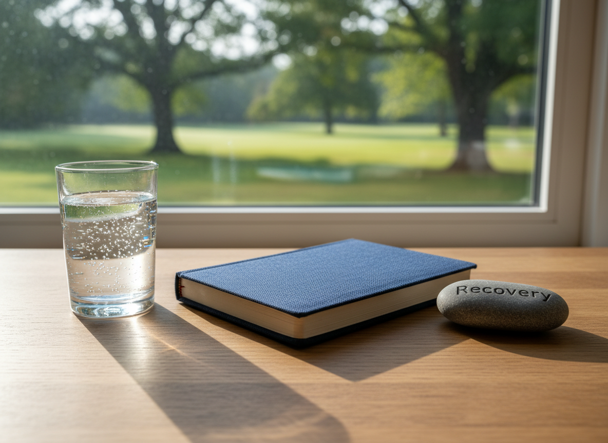 A neatly arranged wooden writing desk with a closed fabric-covered journal in soft navy blue, a smooth river stone engraved with the word “Recovery,” and a clear glass of sparkling water with tiny bubbles clinging to the sides. The desk sits beside a large window overlooking an out-of-focus green park. Soft morning sunlight streams in, creating gentle reflections on the glass and subtle highlights in the journal’s textured cover. The mood is calm, grounded, and hopeful. Photographed at eye level with a shallow depth of field so the desk items are in crisp focus while the background softly blurs, in a clean, modern, photographic realism style that feels professional yet inviting.