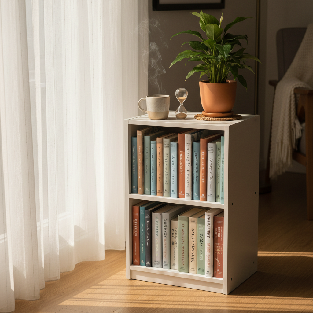A well-organized living room corner featuring a small white bookshelf neatly filled with recovery and wellness books, each spine in muted blues, grays, and soft earth tones. On top sits a simple ceramic mug of herbal tea releasing faint steam, next to a tiny sand timer mid-flow. A lush green houseplant in a matte clay pot adds life to the scene. Golden hour sunlight filters through sheer curtains, casting warm streaks across the floor and bookshelf. Captured from a slightly elevated angle with balanced composition, this photographic image conveys a serene, reflective atmosphere and a sense of steady progress in sobriety, with sharp focus on foreground details and a gently blurred background.